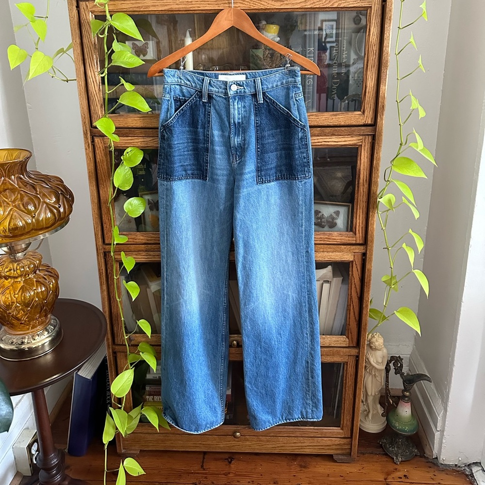 mother superoir maven heel in love wide leg two tone pocket jeans  love triangle